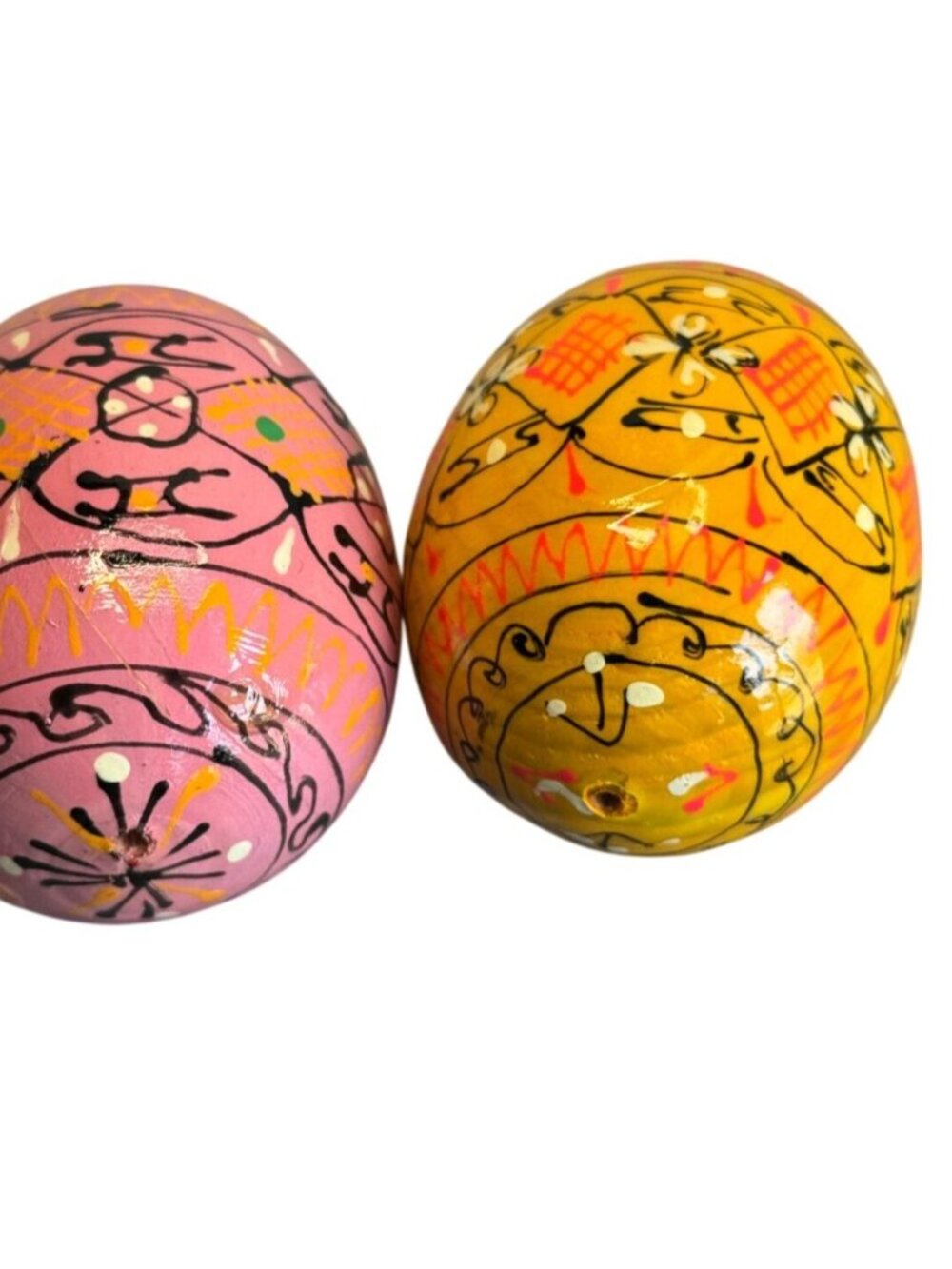 Hand Painted Blown Eggshell Easter Eggs Folk Art Pink Yellow 2.5" Set Of 2 - Picture 4 of 5